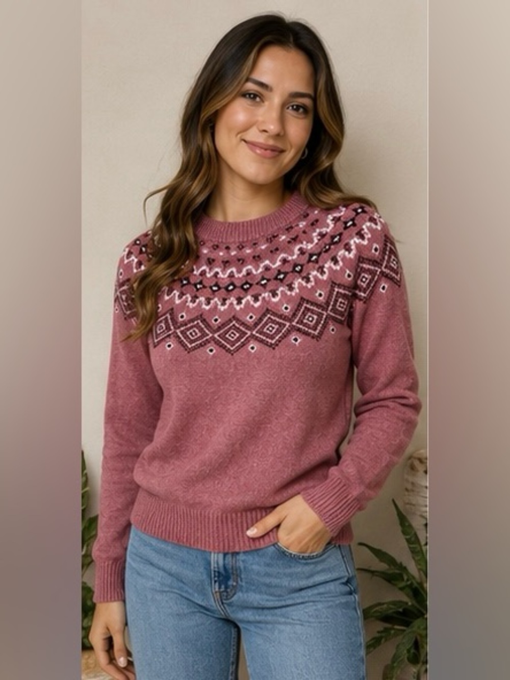 Sunice Stormpack Fair Isle Sweater Women’s Small Pink Nordic Knit Crewneck